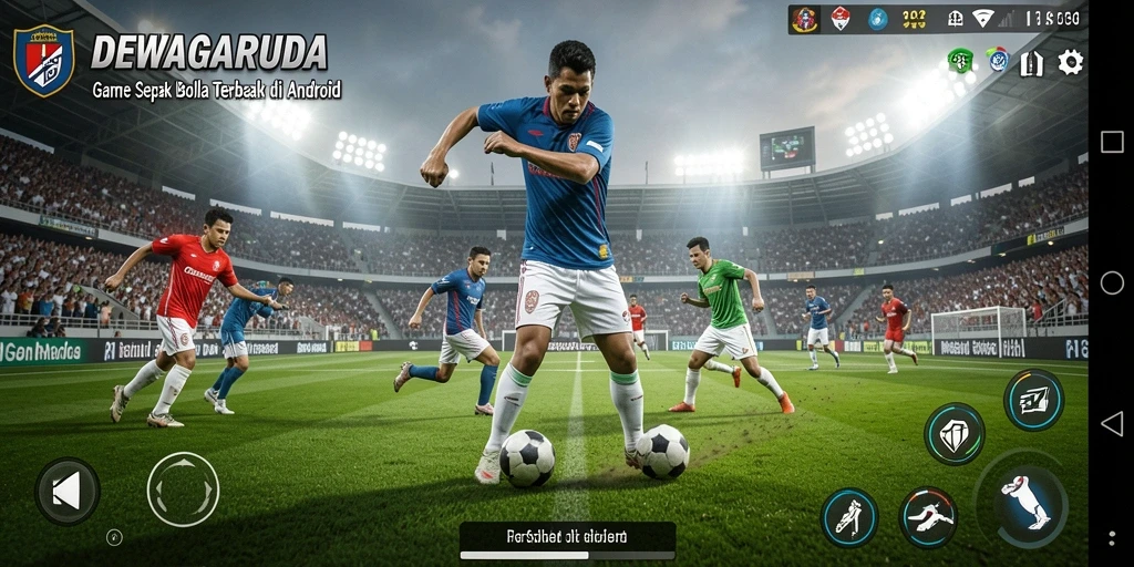 Screenshot gameplay DEWAGARUDA yang menampilkan aksi sepak bola yang seru.