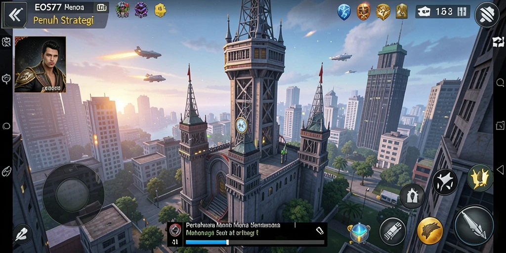 Screenshot utama EOS77 menampilkan aksi menara pertahanan yang mendebarkan.