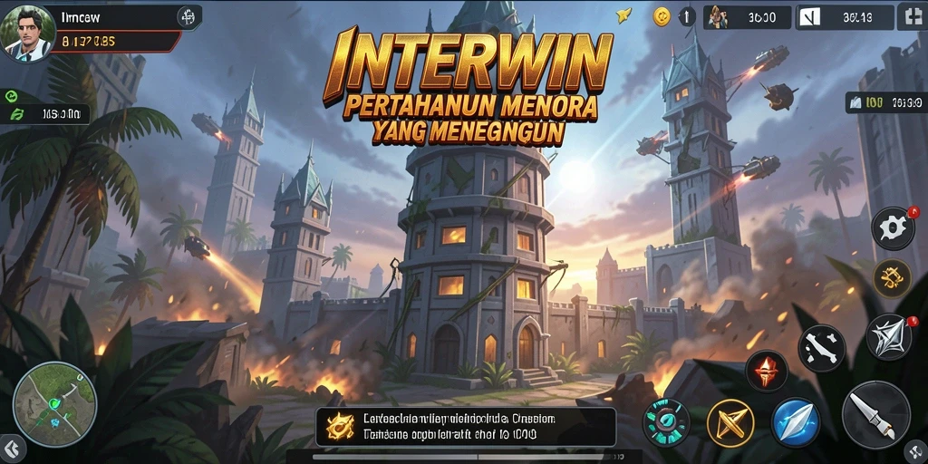 Screenshot INTERWIN menampilkan aksi seru dengan menara bertahan dari serangan musuh.