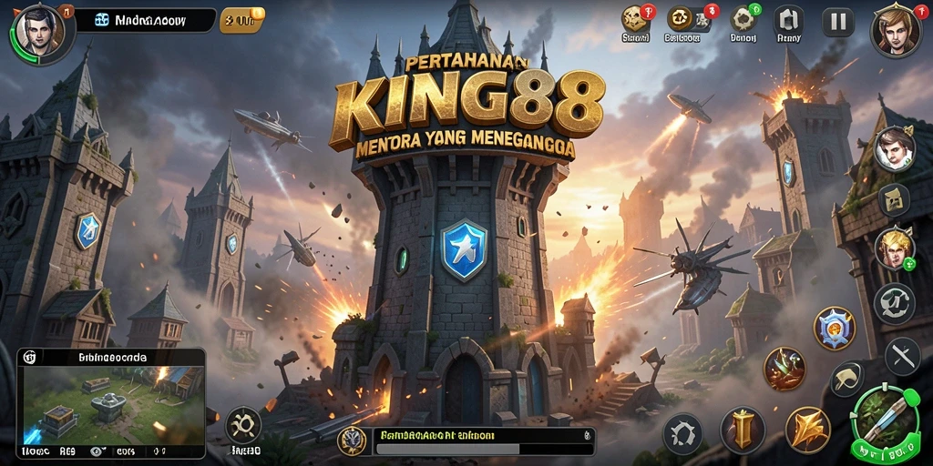 Tampilan gameplay strategis yang menarik dalam KING88, menara menghadang gelombang musuh.