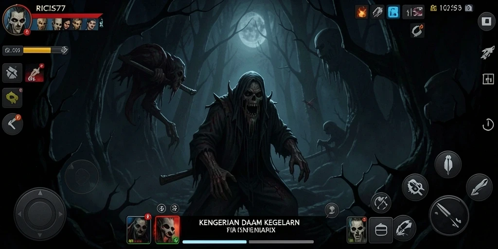 Tampilan gameplay menakutkan RICIS77 di tengah kegelapan.