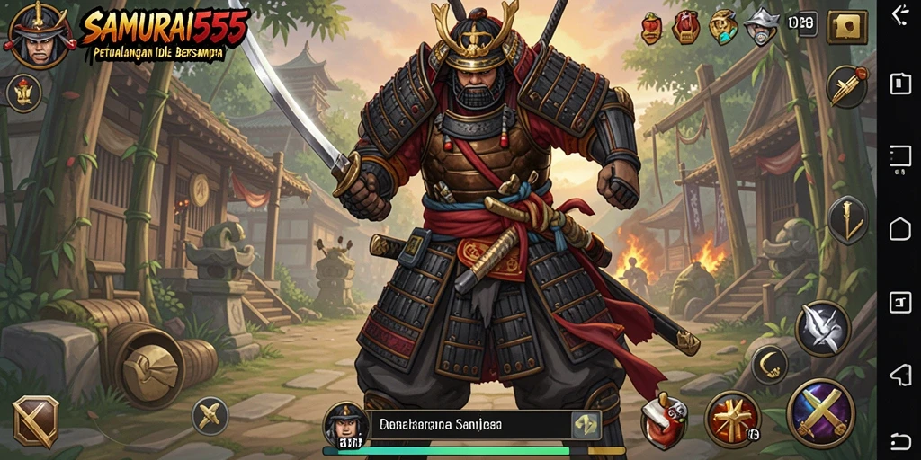 Tangkapan layar utama <strong>SAMURAI555</strong> menunjukkan aksi samurai dalam mode Idle.