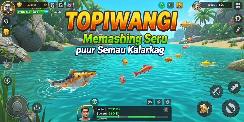 Screenshot gameplay TOPIWANGI yang menunjukkan momen memancing yang mendebarkan.